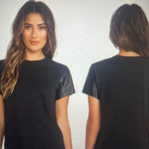 Vince Black cotton T shirt with Lamb Leather short sleeves. XS